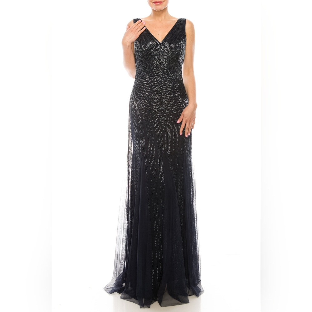 Aidan Mattox V-Neck Sleeveless Beaded Evening Gown 054474240